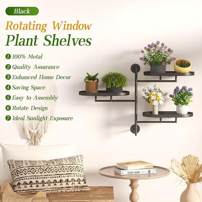 WIndow Sill Rotating Plant Stand Shelf Indoor Black Metal Floating Shelves 3-Tier Wall Mount Plant Holders for Living Room Wall Planter Modern Home Decor for Gardening by GreenHaven Gardens