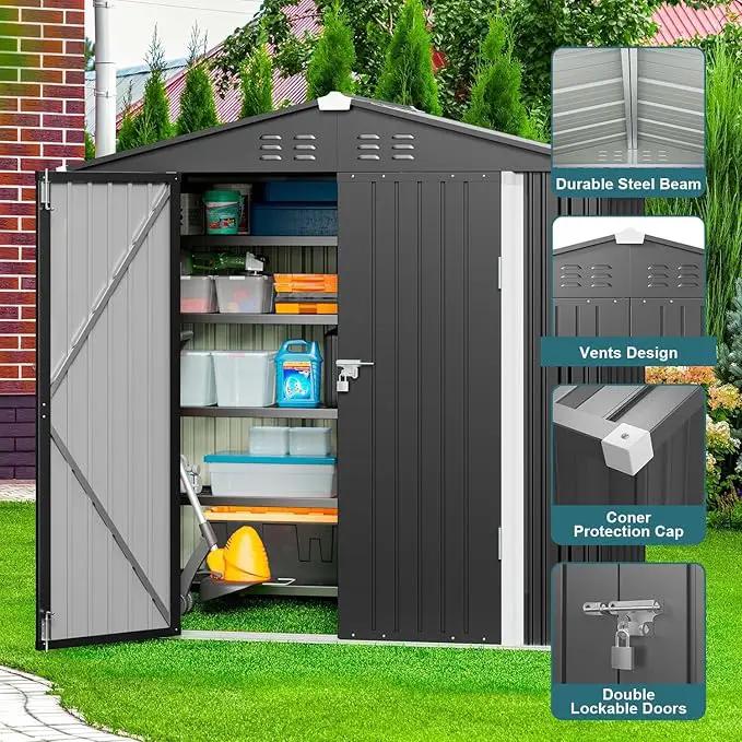 Gizoon Outdoor Storage Shed 6 x 4 FT, Galvanized Metal Garden Shed with Double Lockable Doors, Outdoor Storage Clearance for Backyard Patio Lawn-Dark Grey by GreenHaven Gardens