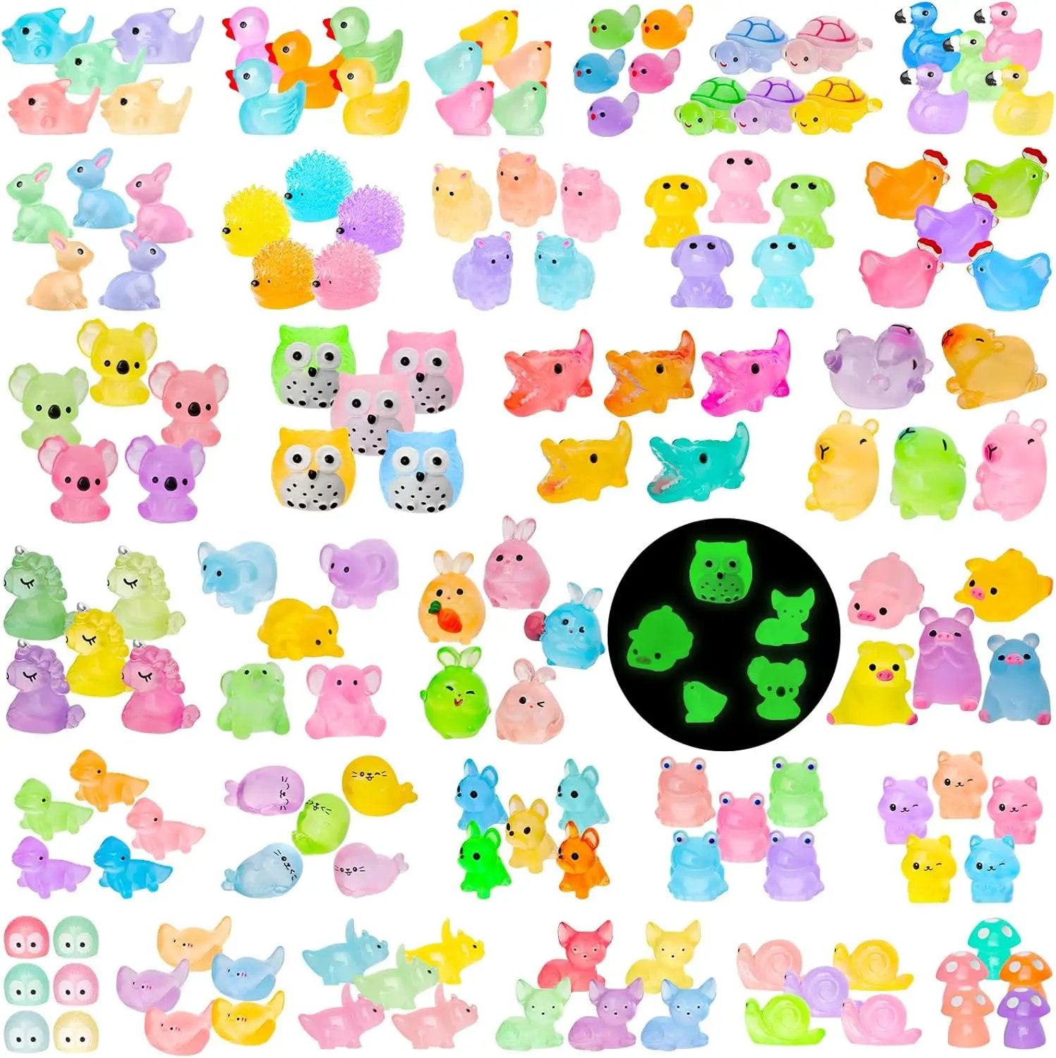 200pcs Luminous Mini Resin Animals 30 Types Miniature Resin Animal Figurines to Hide Bulk Glow in The Dark Tiny Ducks Frogs Small Cat Bunnies for Fairy Garden Micro Landscape Dollhouse Accessories by GreenHaven Gardens