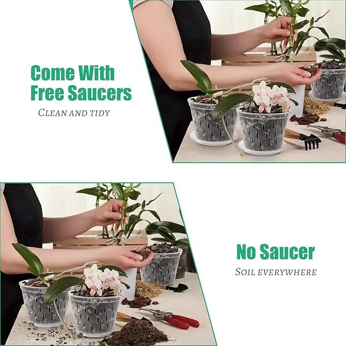 Orchid Plants- 2 Each of 4, 5, 6 and 7 inch- 8 Sets with Saucers, Orchid Pots with Holes and Clear Plastic Orchid Pots for Repotting by GreenHaven Gardens
