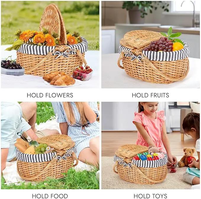 Happypicnic Wicker Picnic Basket with Handle, 15" Large Empty Picnic Basket with Lid & Removable Liner, Vintage Hand Woven Basket for Picnics, Camping, Veg Picking, Mother'S Day, Thanksgiving (Stripe) by GreenHaven Gardens