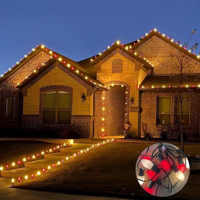 25FT C9 Christmas Lights Outdoor,Red and White C9 Christmas Lights with 26 Ceramic Bulbs(1 Spare), Connectable Incandescent Christmas Lights for Indoor Outdoor Party Home Decor,Green Wire by GreenHaven Gardens