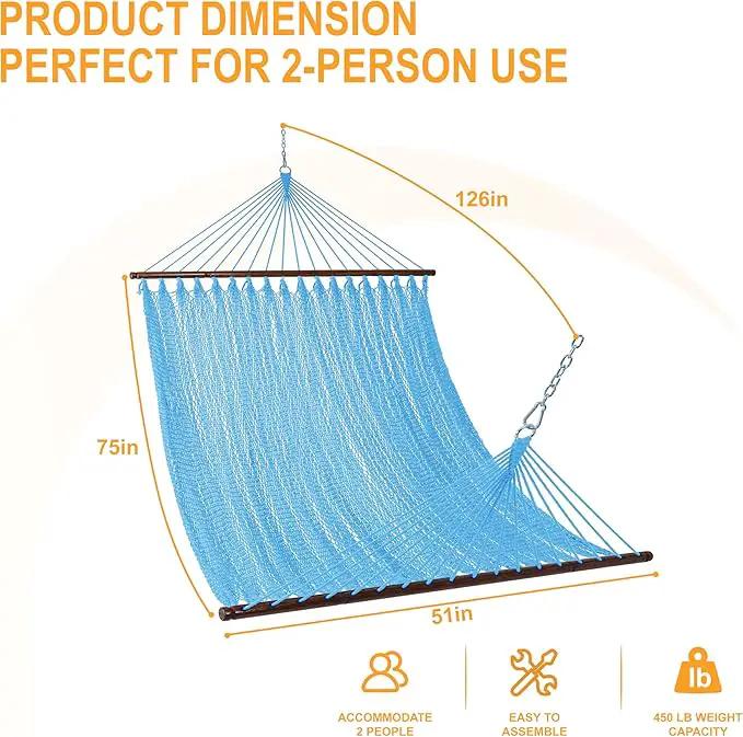 Lazy Daze Hammocks 10.5 FT Double 2 Person Caribbean Rope Hammock, Hand Woven Polyester Hammock with Spreader Bars, for Outside Outdoor Backyard Patio Poolside,450 LBS Capacity,SkyBlue by GreenHaven Gardens