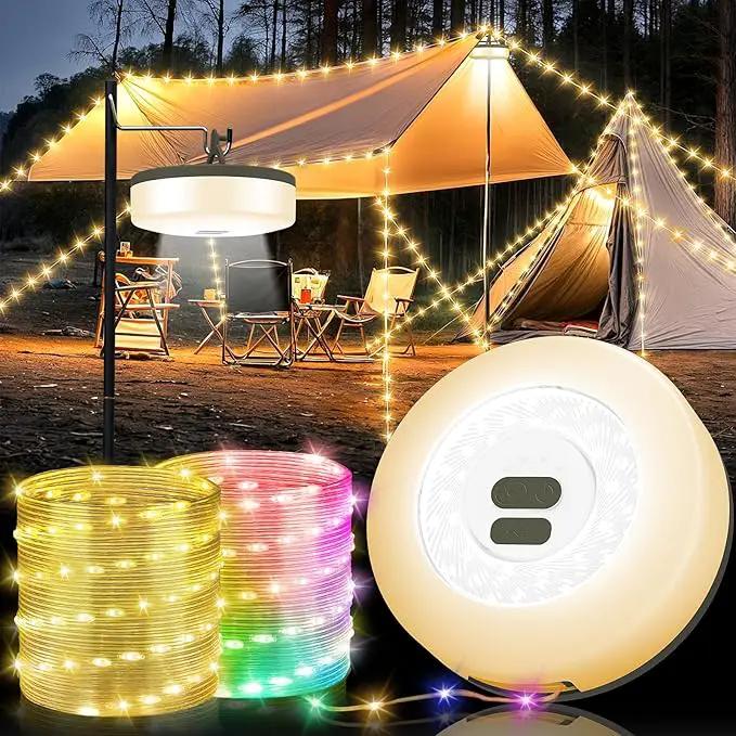Camping String Lights, 4 in 1 Quick Storage Camping Essentials Gear 32.8FT Rechargeable Tent Lights with 9 Modes Hanging Waterproof LED Camp Lamp for Camping Hiking Patio Garden Festival -Warm +RGB by GreenHaven Gardens
