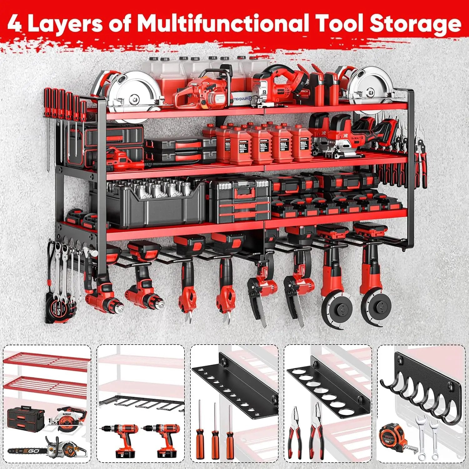 Upgrade Large power tool organizer Wall Mount,4 Layers Heavy Duty Metal Loads 400lbs Power Tool Hanger Shelf Battery Storage with 8 Cordless Drill Bit Holder,Utility Racks for Garage Tool Room by GreenHaven Gardens