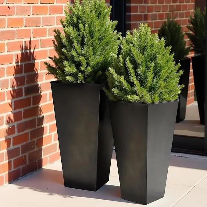 WORTH Garden Large Metal Glazed Planter Set of 2 (25" + 28"), Luxurious Glossy Finish Black Tall Square Tapered Steel Plant Pot, Decor Flower Pot Indoor & Outdoor, Drainage Hole & Dual-Purpose Saucer by GreenHaven Gardens