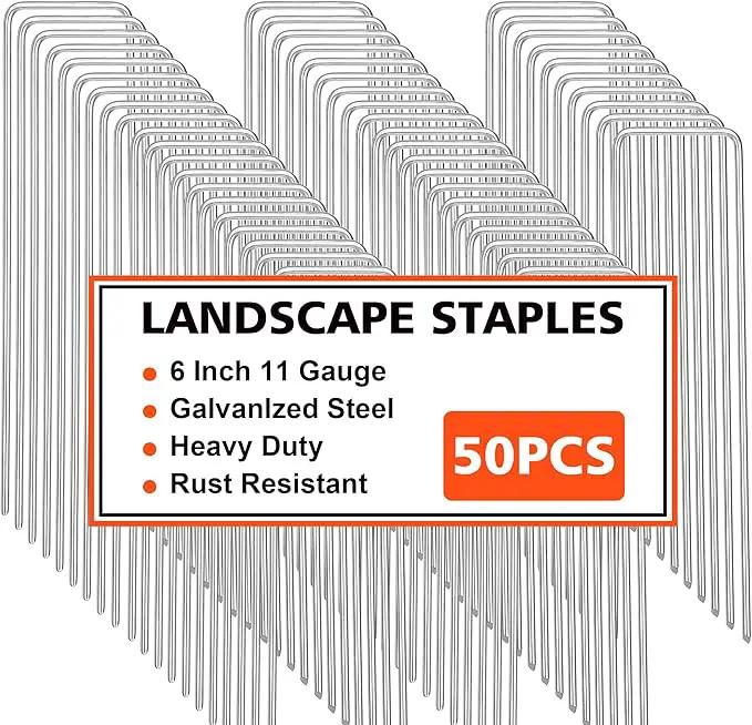 Landscape Staples, 50 Pcs Galvanized Garden Stakes, U-Shaped Tent Stakes, 6 Inch 11 Gauge Plant Cover Stakes, Anti-Rust Ground Sod Pins Yard Stakes for Landscape Weed Barrier Irrigation Tubing by GreenHaven Gardens
