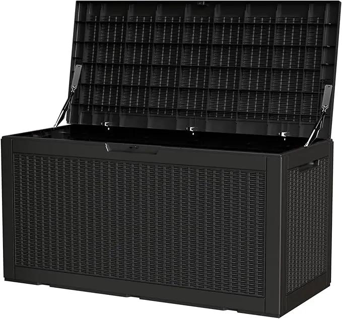 100 Gallon Storage Box, Waterproof Resin Deck Box with Hydraulic Piston Design, Lockable Storage Bench for Package Delivery, Storage Bin for Patio Cushions, Garden Tools, Black by GreenHaven Gardens
