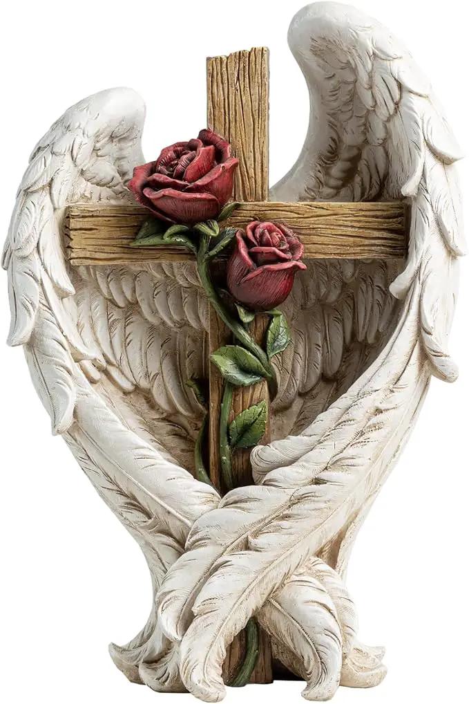 12" Angel Wings Embracing Cross and Rose Garden Statue Memorial Statue for Beloved one by GreenHaven Gardens