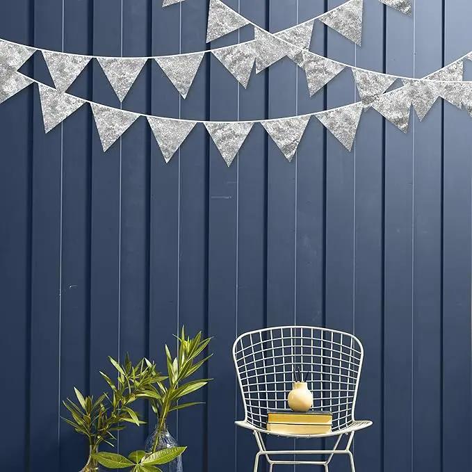 Pinkblume Double Sided Sequin Fabric Triangle Pennant Banner Flag Bunting Garland for Silver Theme Nursery Classroom Home Bedroom Wall Holiday Christmas Decor by GreenHaven Gardens