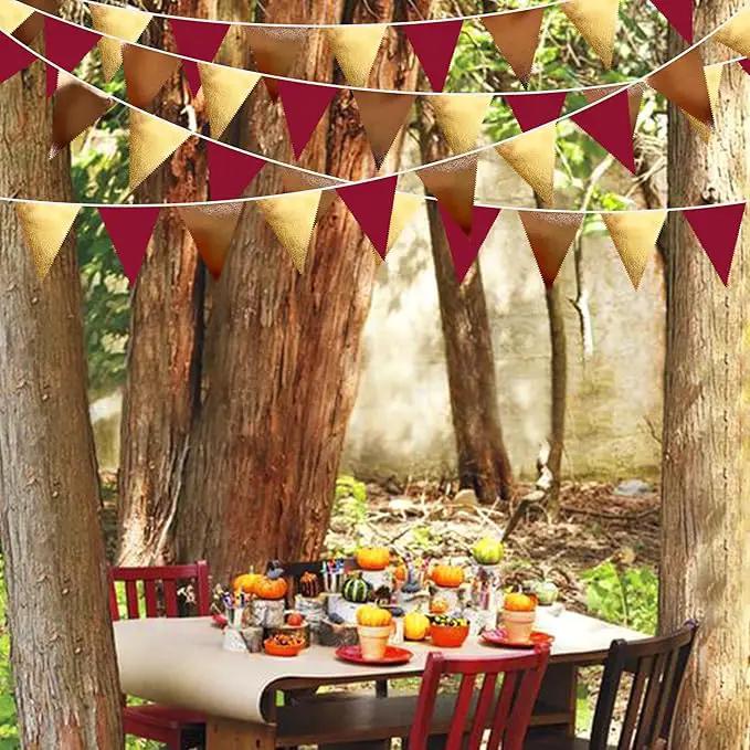 Fall Party Decorations Maroon Gold Brown Metallic Fabric Triangle Pennant Banner Burgundy Flag Bunting Garland for Autumn Thanksgiving Wedding Birthday Bridal Shower Engagement Graduation Garnet Party by GreenHaven Gardens