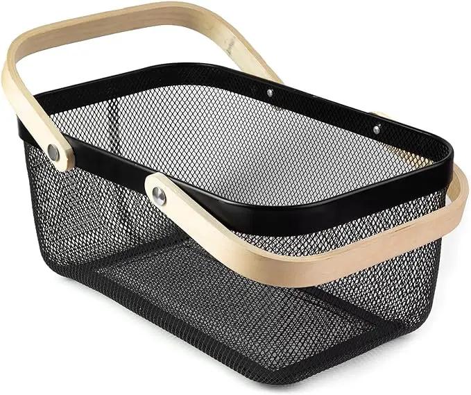 Portable Garden Harvest Basket-Mesh Design Natural Bamboo Handle Wire Storage Baskets,Mesh Basket with Handle Organize Items Reduce Space Occupation,Suitable for Kitchen,Garden,Picnic(Black) by GreenHaven Gardens
