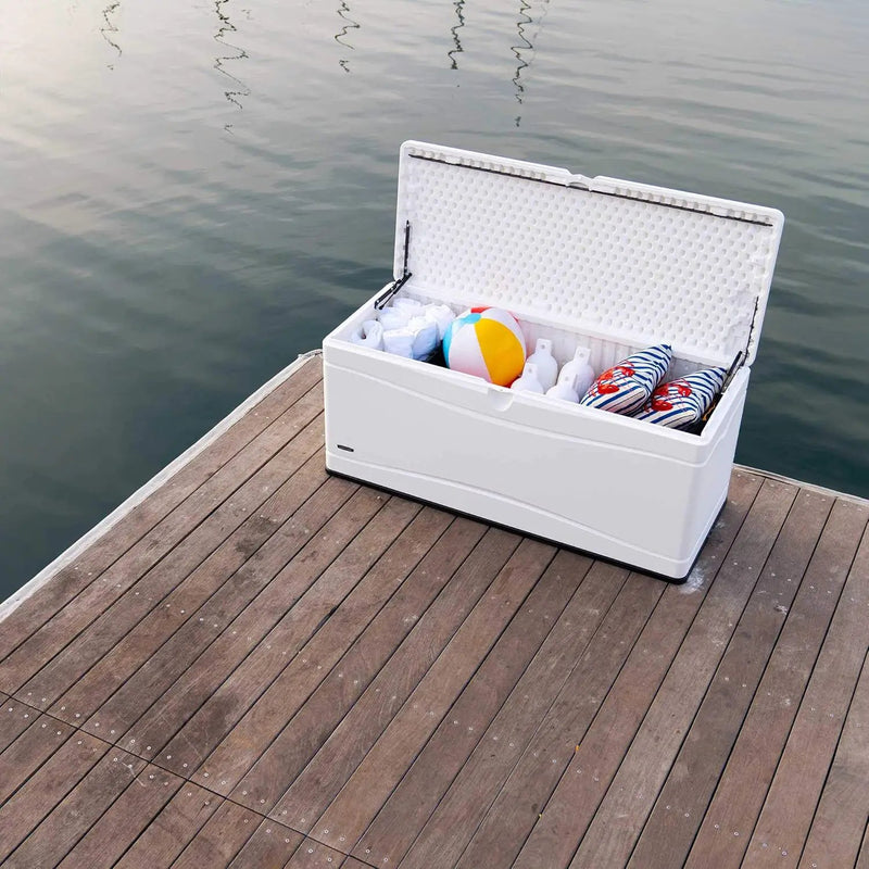 LIFETIME Outdoor Storage Deck Box, 130 Gallon, Arctic White, Lockable, UV-Protected, for Decks and Marine Docks by GreenHaven Gardens