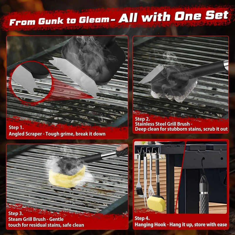 Grill Brush, Full Clean with One Set- Goldusk 19" Safe Replaceable Stainless Steel Grill Brush + Scraper + Bristle Free Steam Grill Brush for Outdoor Grill Accessories BBQ Brush Barbecue Gifts for Men by GreenHaven Gardens
