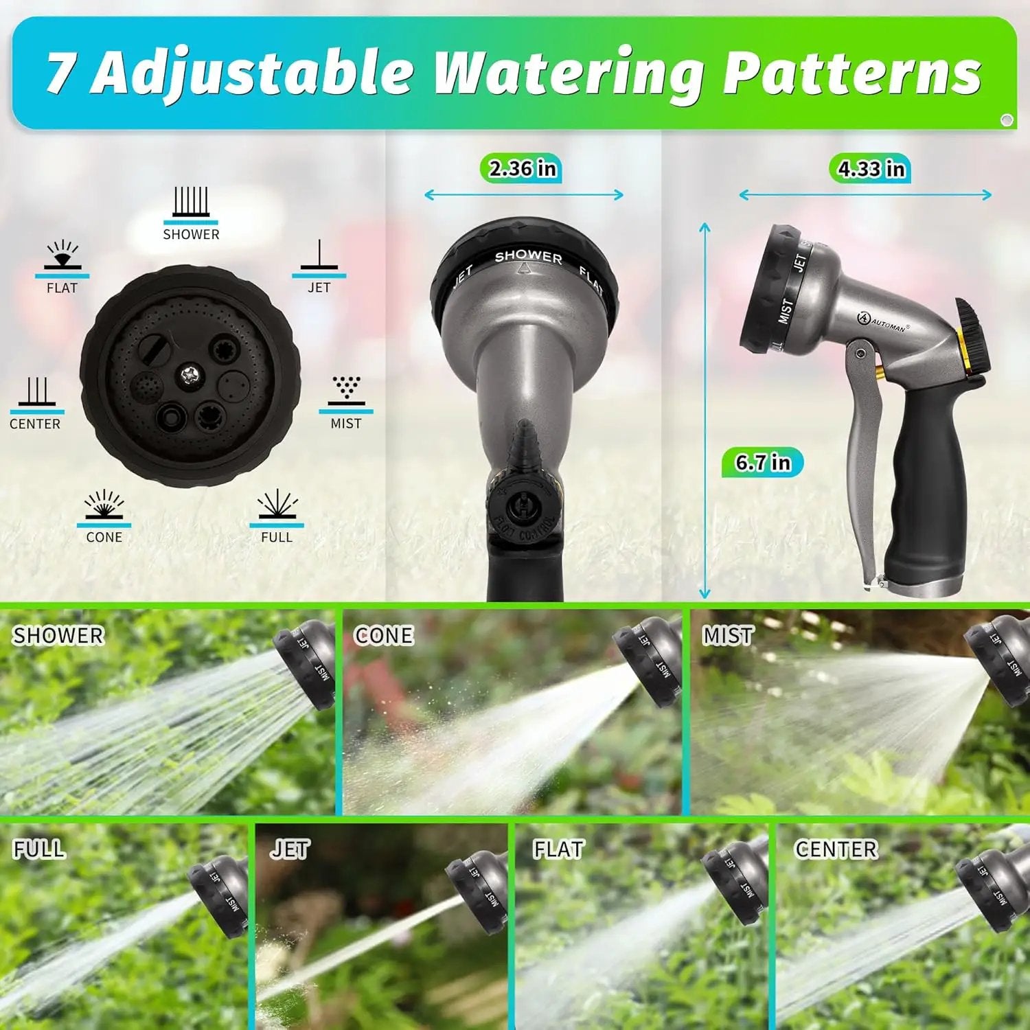 AUTOMAN Garden Hose Nozzle - 2 Pack, 100% Metal High Pressure Spray Nozzle, Labor-Saving Design, Heavy Duty for Garden Watering, Car Washing, Window Cleaning, Pets Bathing by GreenHaven Gardens