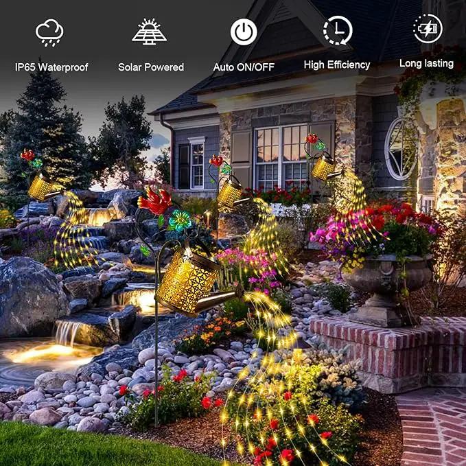 Solar Lights Outdoor, Watering Can with Cascading Lights, Watering Can with Hook Solar Lantern, Gardening Decor for Yard Patio, Gardening Gifts for Mom Grandma Women (2 Pack)