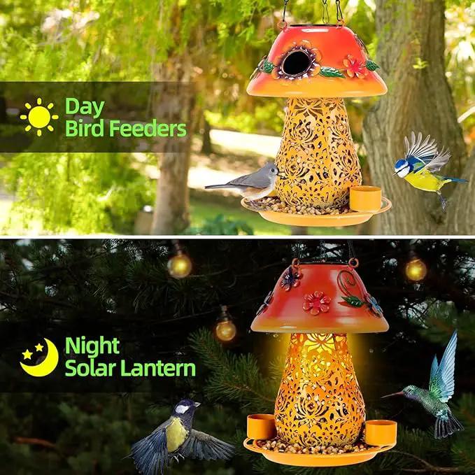 Mushroom Solar Bird Feeders for Outdoors Hanging Metal Wild Bird Feeder Garden Lantern with S Hook for Garden Decoration Orange by GreenHaven Gardens