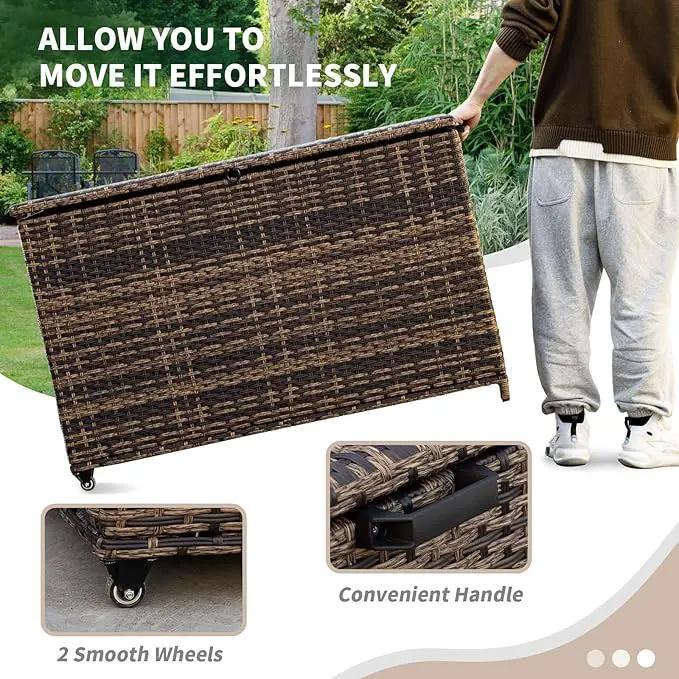 178 Gallon Outdoor Storage Box, Handle Large Portable Wicker Rattan Deck Box for Patio Furniture Cushions, Patio Deck Box with 2 WheelsThrow Pillows, Garden Tools and Pool Floats (Brown) by GreenHaven Gardens
