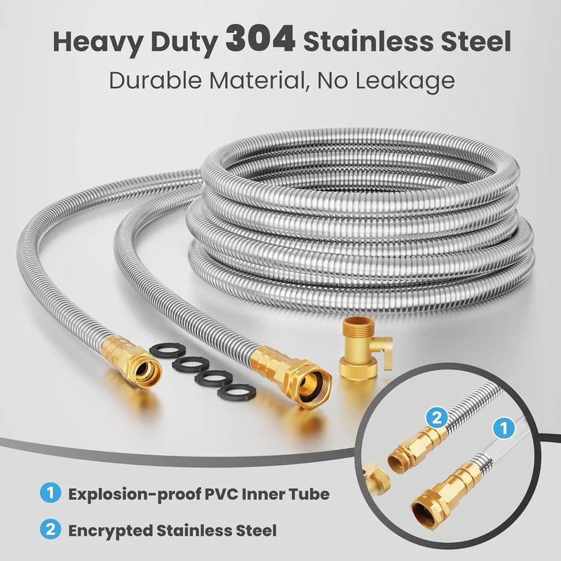 Giraffe Tools Garden Hose 50ft x 5/8", 304 Stainless Steel Metal Water Hose, No Kink Garden Water Hose with 9 Pattern Spray Nozzle, Flexible, Lightweight, Kink Free Hose for Yard, Outdoor by GreenHaven Gardens