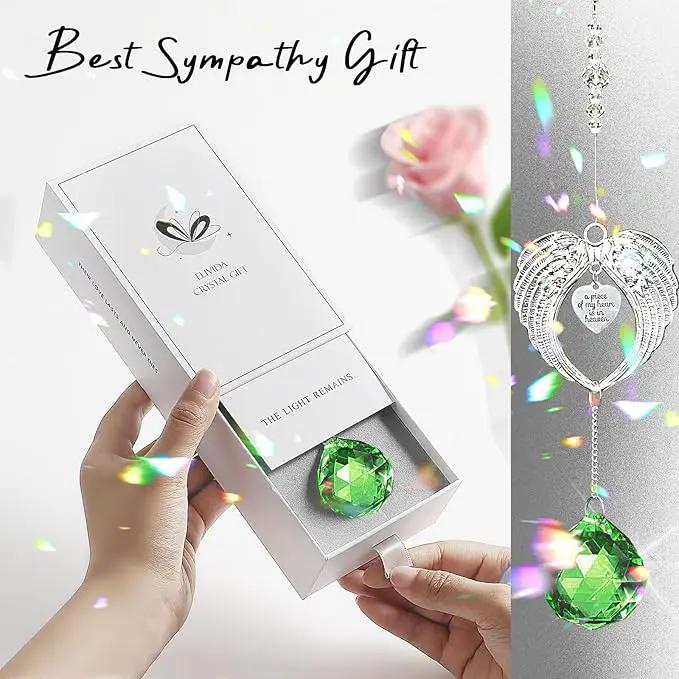 Sympathy Gift Modern Grief Gift for Lose of Loved Ones, Memorial Suncatcher with 40mm Crystal Ball, Sorry for Your Lose Rainbow Maker, Bereavement Gift Idea Angel Wings Design, Green by GreenHaven Gardens