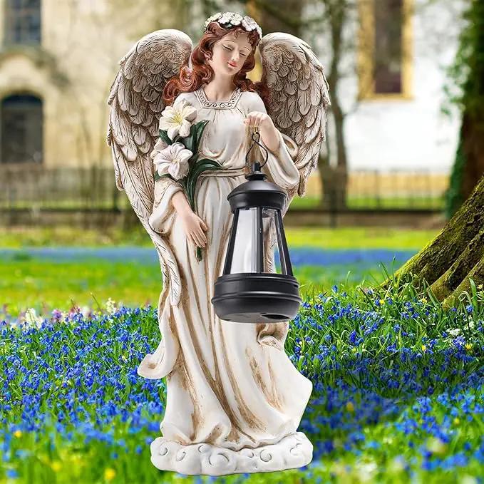 Solar Angel Outdoor Decor Garden Statues – 13.2 inches Angel Figurines Outdoor Sculptures with Solar Lantern for Outside Yard Art Patio Balcony Front Lawn Ornaments Gifts for Mom Grandma Women by GreenHaven Gardens