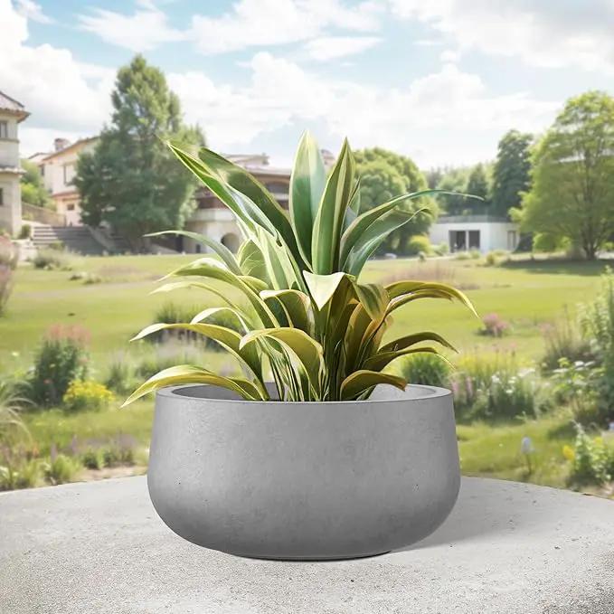 Kante 11.8" Dia Round Concrete Planter, Cement Plant Pots with Drainage Hole and Rubber Plug for Outdoor Indoor Garden Home, Modern Curvaceous Design, Natural Concrete by GreenHaven Gardens
