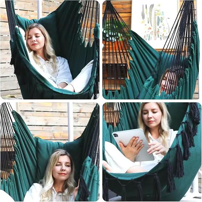 Y- STOP Hammock Chair Hanging Rope Swing, Max 500 Lbs, 2 Cushions Included, Large Macrame Hanging Chair with Pocket for Superior Comfort, with Hardware Kit, Green by GreenHaven Gardens
