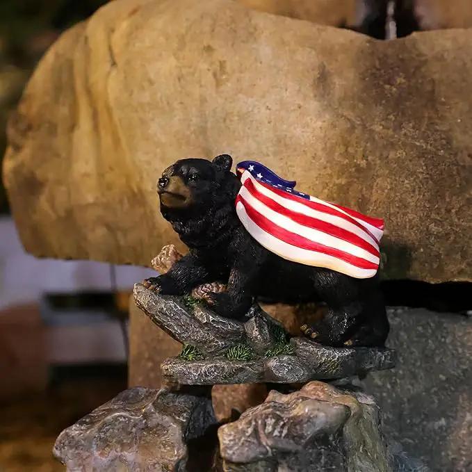 Garden Statue Bear,Solar American Flag Bear Ourdoor Statue,Garden Decor Bears Solar Light,Resin Figurine Lights,Outdoor Decor for Patio,Porch,Balcony,Yard,Lawn by GreenHaven Gardens