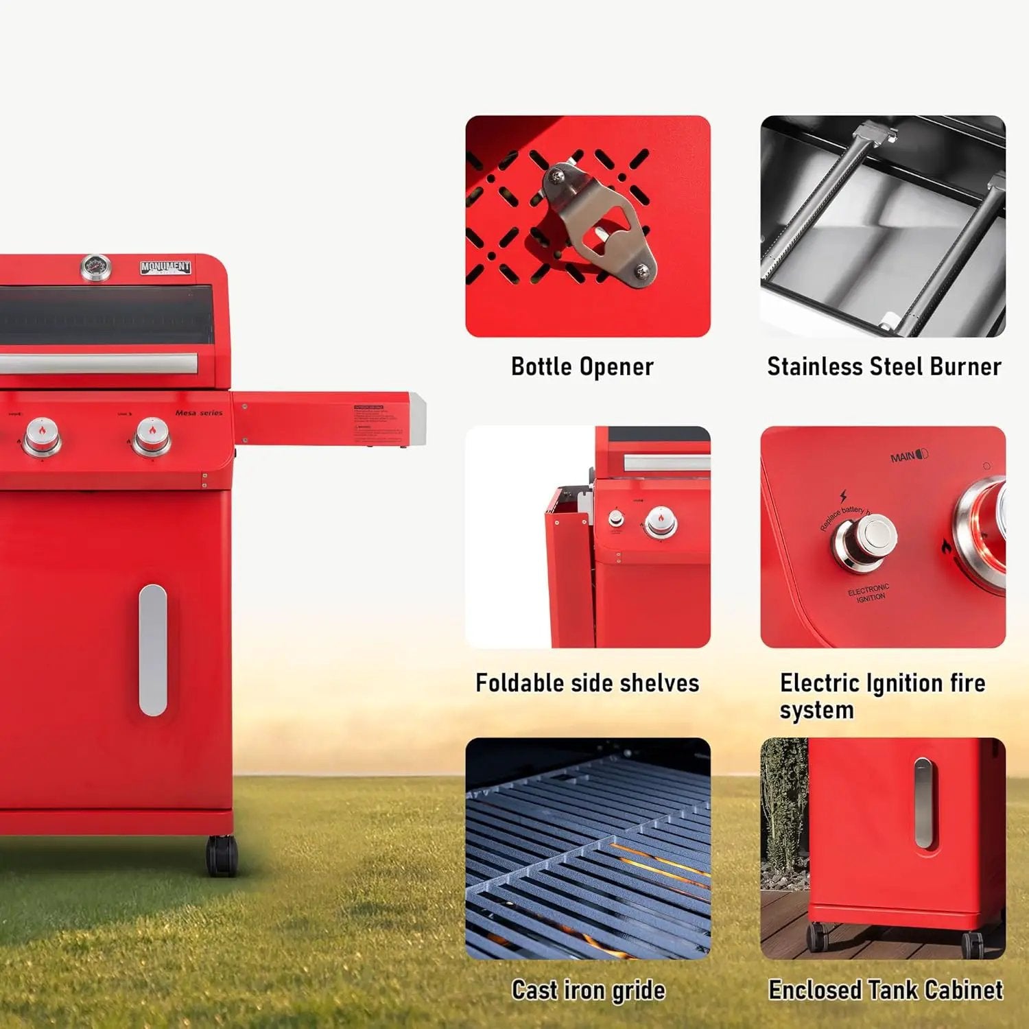 Monument Grills 2-Burner Stainless Steel Liquid Propane Gas Patio Garden Barbecue Grill with Clearview® Lid, Knob Control and Two Foldable Shelves Mesa200R, Red by GreenHaven Gardens