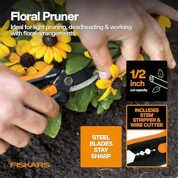 Fiskars Flower Gardening Tool Gift Set with Floral Pruner, Trowel, Cultivator, Garden Gloves, and Ultra-Light Kneeling Cushion for Outdoor Use (5 Piece Kit) by GreenHaven Gardens
