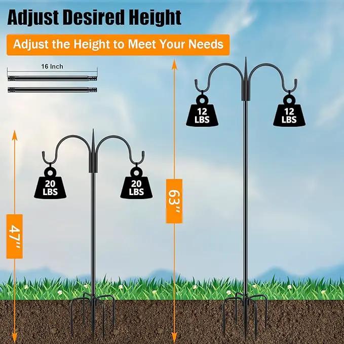 FEED GARDEN Adjustable Double Shepherds Hook for Outdoor with 5 Prong Base 63 Inch Heavy Duty Two Sided Bird Feeder Pole for Hanging Plant Baskets, Solar Light Lanterns, Wind Chimes 2 Pack by GreenHaven Gardens