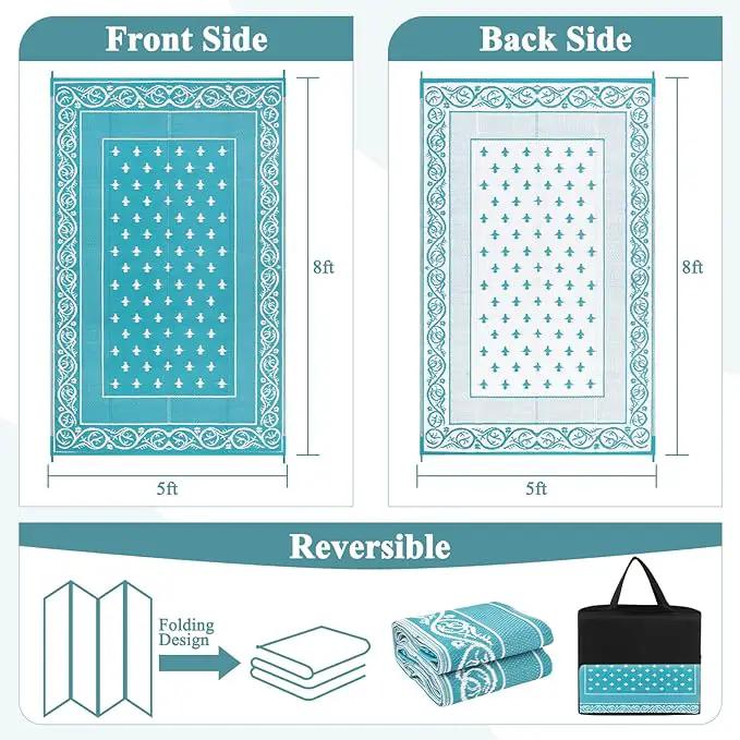 Pauwer Waterproof Outdoor Rug 9x12, Reversible Plastic Straw Patio Camping Rug, Indoor Outdoor RV Mat Carpet for Deck, Camper, Porch, Balcony, Backyard, Picnic, Bordered Teal by GreenHaven Gardens