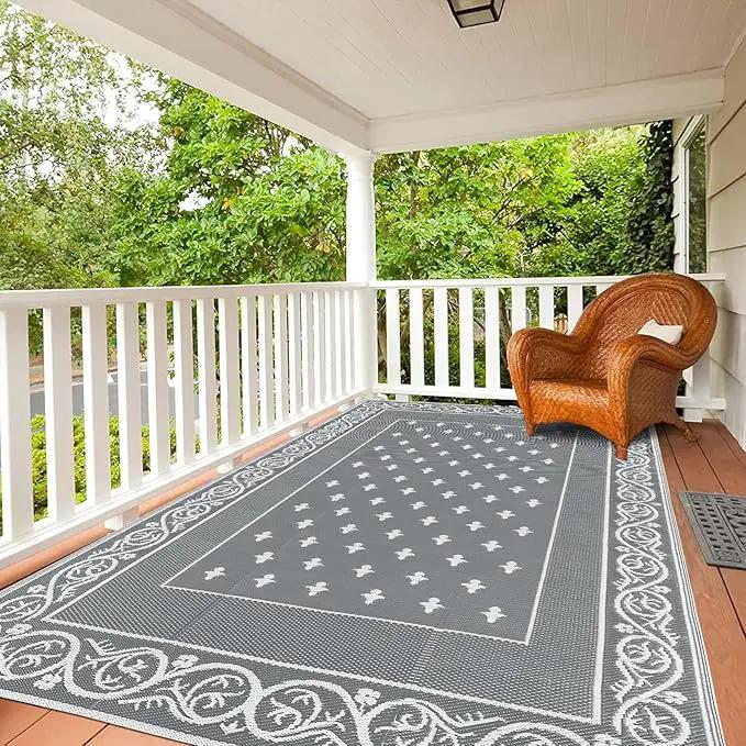 Pauwer Waterproof Outdoor Rug 6x9, Reversible Plastic Straw Patio Camping Rug, Indoor Outdoor RV Mat Carpet for Deck, Camper, Porch, Balcony, Backyard, Picnic, Bordered Grey by GreenHaven Gardens