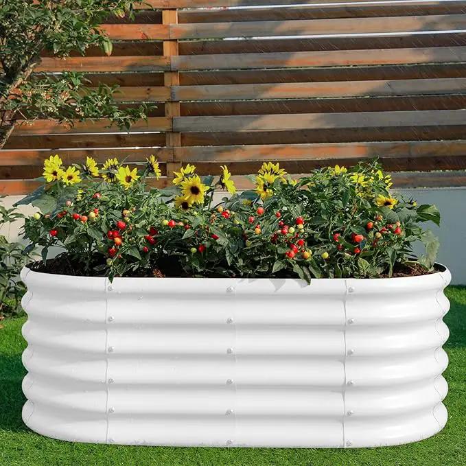 Land Guard 18“ Tall 4×2ft Galvanized Raised Garden Bed Kit, Galvanized Planter Garden Boxes Outdoor, Oval Large Metal Raised Garden Bed for Vegetables……… (Pearl White, 4×2×1.5ft) by GreenHaven Gardens