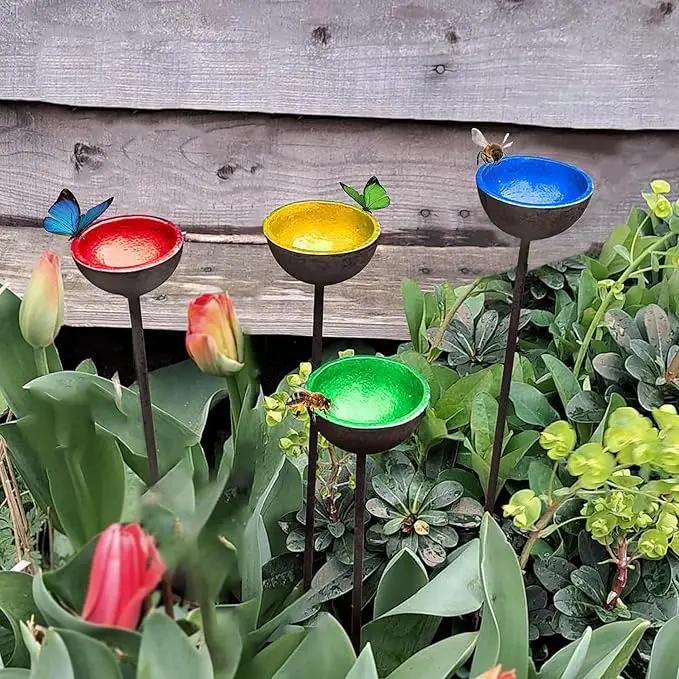 HLMOptimo 2 Packs/4 Packs Bee Watering Stations, Bee Cups for Garden, Bee Butterfly Water Station Bee Waterer, Metal Garden Stakes for Outdoor Garden Courtyard Decor (Yellow Blue Red and Green) by GreenHaven Gardens