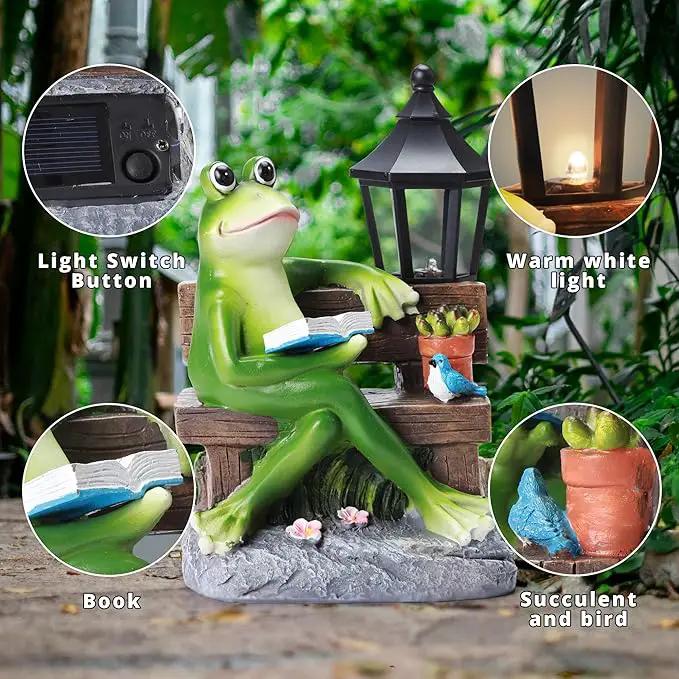 Outdoor Resin Reading Frog Statues, Solar Frog Garden Statues, Garden Frogs Outdoor Decor for Lawn, Balcony, Yard Decoration, Frog Gifts for Mom, Grandma, Wife by GreenHaven Gardens