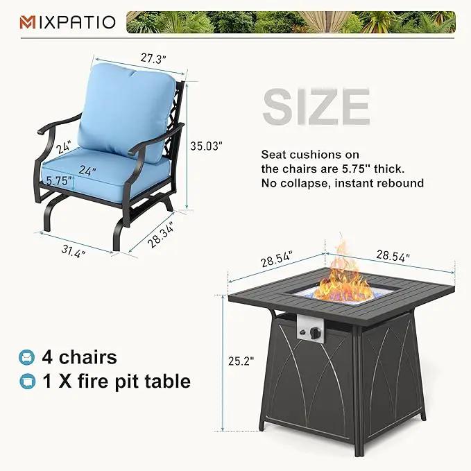Patio Furniture Set with Fire Pit Table, 5 Pcs Metal Outdoor Conversation Set, 4 Rocking Chairs with 5.75" Extra Thick Cushion and 28" Fire Pit Table for Backyard Deck, Blue by GreenHaven Gardens