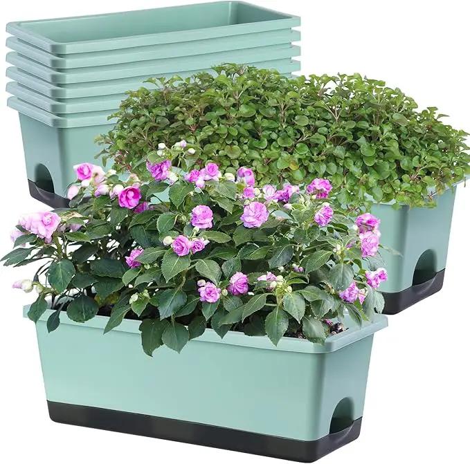 Window Box Planter 8 Pcs, 17 Inches Rectangle Flower Pots with Drainage Holes and Trays, Vegetable Planters for Windowsill Patio Garden Balcony Home Porch Yard Indoor Outdoor by GreenHaven Gardens