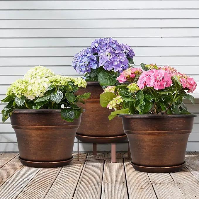 Plant Planters Pots Set of 4 Pack 8 Inch, Plastic Flower Pot for Indoor Plants with Drainage Holes & Trays, Resin Decorative Container Sets with Saucer for House Outdoor Garden Planters Copper by GreenHaven Gardens