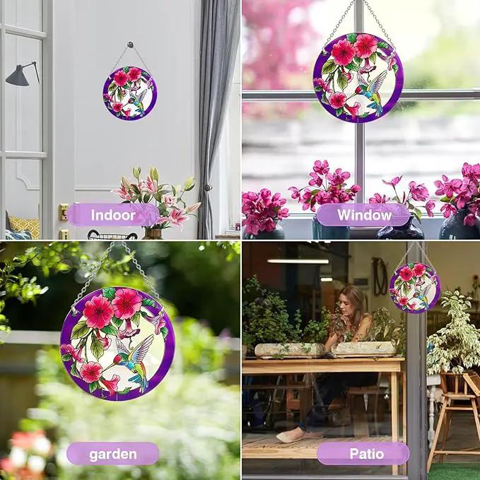 Larger Purple Stained Glass Window Hanging, Hummingbird Gifts for Women, Bird and Flowers Suncatcher, Hummingbird Gifts for Women, Bird and Flowers Suncatcher for Window, Hand Painted Glass by GreenHaven Gardens