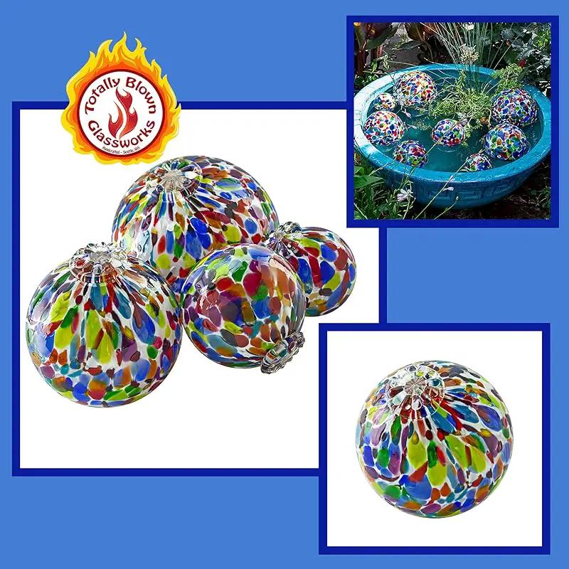 Pond Float. Handmade Blown Glass, Garden Gazing Ball, Table Centerpiece, Assorted sizes available. Home and Patio Decor. Artist Dehanna Jones. Seattle, WA. (White Rainbow MM) by GreenHaven Gardens
