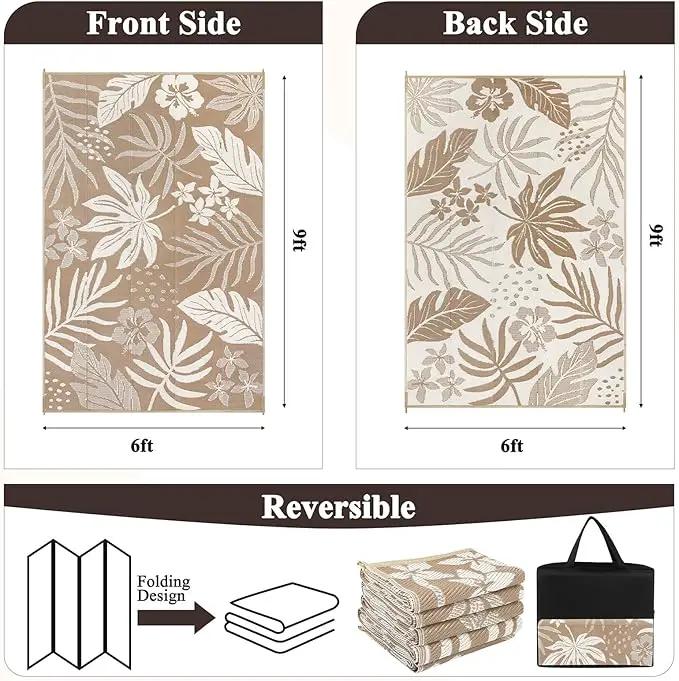 Pauwer Waterproof Outdoor Rug 6x9, Reversible Plastic Straw Patio Camping Rug, Indoor Outdoor RV Mat Carpet for Deck, Camper, Porch, Balcony, Backyard, Picnic, Floral Brown by GreenHaven Gardens