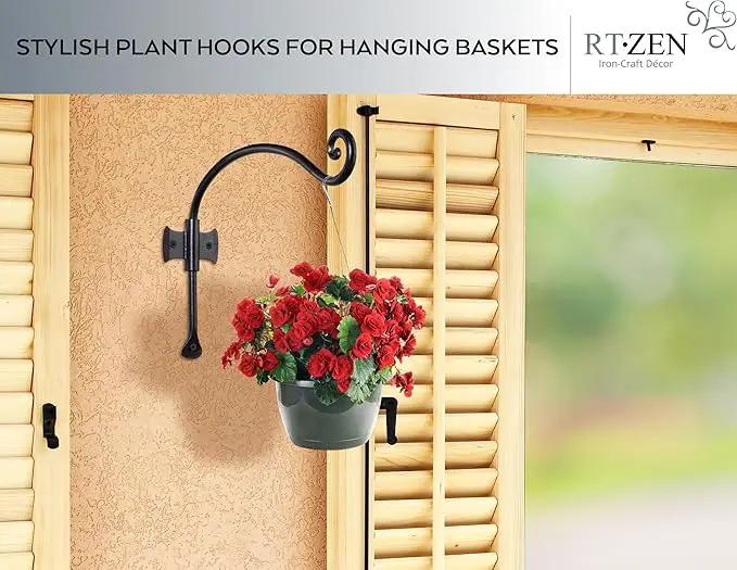 RTZEN Plant Hangers Outdoor or Indoor - Wrought Iron Metal Hanger Indoor Hook - Heavy Duty Wall Bracket Hooks for Hanging Plants Baskets Lanterns Wind Chimes - 2 Pack (Black Axe-Shape Hooks) by GreenHaven Gardens