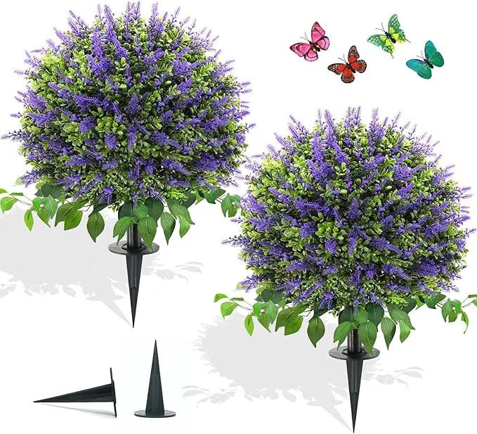 28" Artificial Boxwood Topiary Ball with Lavender, UV Resistant Topiary Tree Faux Boxwood Ball Shaped Porch Bushes with Ground Spike Artificial Bushes for Outdoors Front Door Decor Home Garden by GreenHaven Gardens