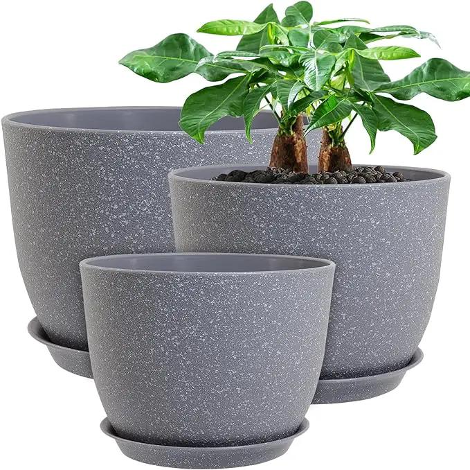 12/10/9 Large Modern Plant Pots, Plastic Planters with Drainage Holes and Saucers for Indoor Outdoor Plants Flowers, Grey Speckles by GreenHaven Gardens