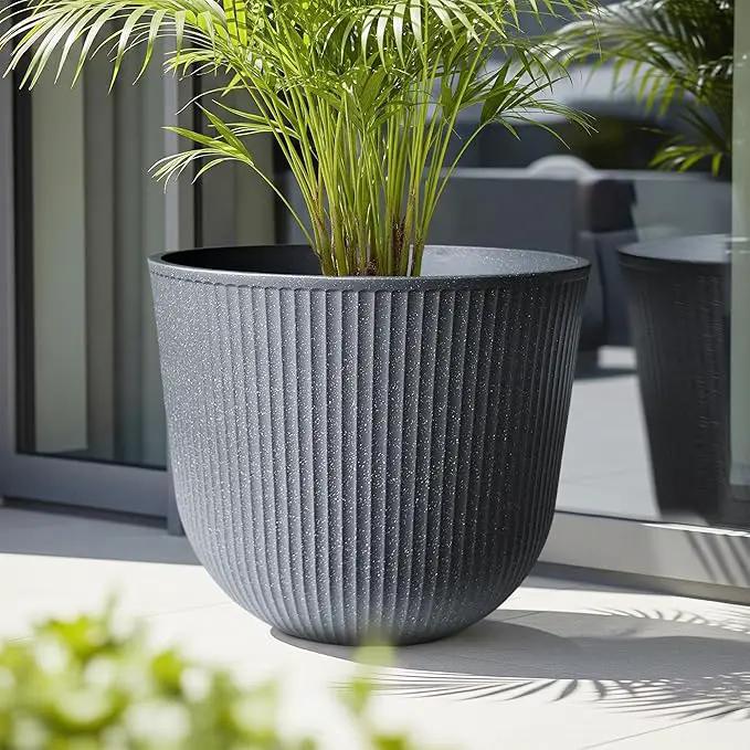 WORTH Garden Round Large Planter Pot Set of 2-17.5" Dia x 15.5" H - Durable Plastic Grey Plant Tree Pots with Vertical Stripe Textured Finish, Drainage Hole for Indoor, Outdoor, Front Porch, Patio by GreenHaven Gardens