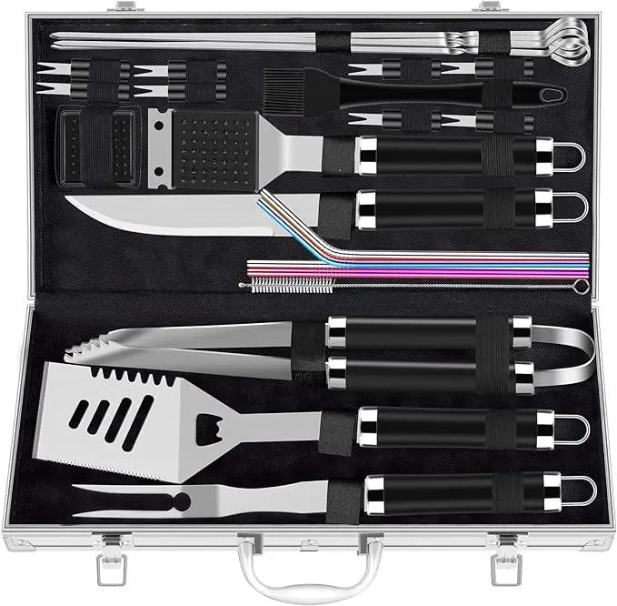 ROMANTICIST 25pcs Extra Thick BBQ Grill Accessories, Fathers Day Grilling Gifts Set for Men Dad, Heavy Duty Grill Tools Utensils Kit with Spatula, Tongs in Aluminum Case for Birthday Black by GreenHaven Gardens