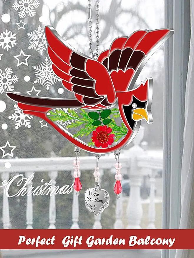 KY&BOSAM Cardinal Suncatcher I Love You Mom Glass Hangings for Windows Wind Chime Ornament with Hand Painted Real Flower and Metal Heart Charm Birthday Gifts for Women Mom Mother's Day by GreenHaven Gardens