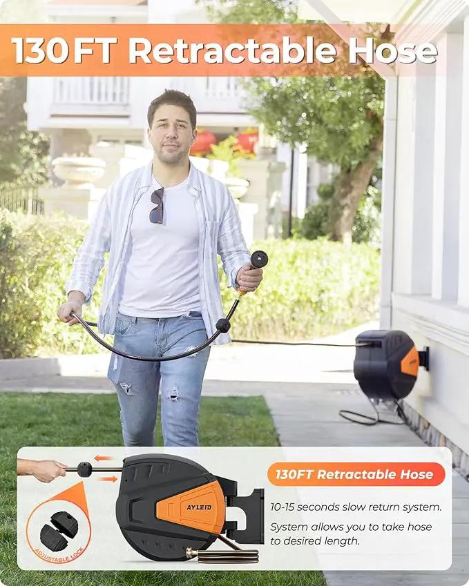 Ayleid Retractable Garden Hose Reel,1/2 in x 130 ft Wall Mounted Hose Reel, with 9- Function Sprayer Nozzle, Any Length Lock/Slow Return System/Wall Mounted/180°Swivel Bracket (Black) by GreenHaven Gardens
