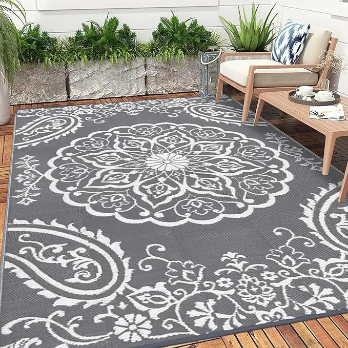 Pauwer Waterproof Outdoor Rug 8x10, Reversible Plastic Straw Patio Camping Rug, Indoor Outdoor RV Mat Carpet for Deck, Camper, Porch, Balcony, Backyard, Picnic, Boho Grey by GreenHaven Gardens